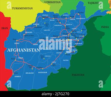 Hochdetaillierte Vektorkarte von Afghanistan mit den wichtigsten Regionen, Städten und Straßen. Stock Vektor