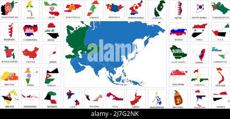 Sehr detaillierter Satz von Vektor-Flaggenkarten aller asiatischen Länder. Stock Vektor