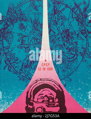 Vintage 1960s Sowjetisches Weltraumpropaganda-Plakat zum Tag der Kosmonauten UdSSR / День Космонавтики СССР - Juri Gagarin 1961 Stockfoto