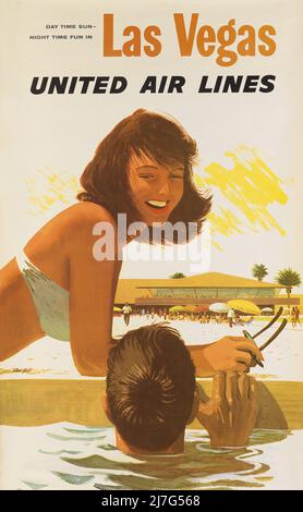 Vintage 1950s Travel Poster - Tageszeit Sonne Nachtspaß in Las Vegas . Stockfoto