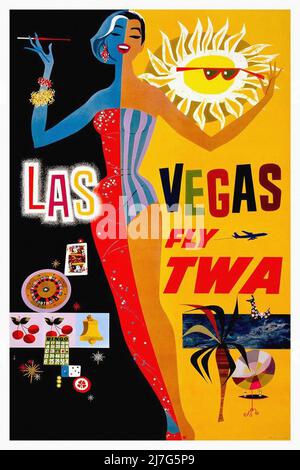 Original Vintage 50er Jahre Travel Poster - LAS VEGAS Fly TWA Trans World Airlines Poster von David Klein 'Las Vegas Fly TWA Stockfoto