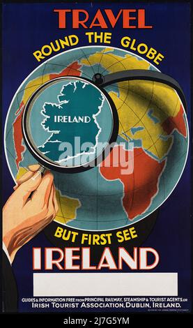 Vintage 1930s travel Poster - Reisen Sie um die Welt, aber zuerst sehen Irland Stockfoto