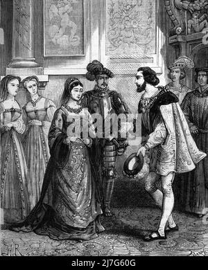 'Le roi Francois Ier (1494-1547) rencontre Francoise de Foix, comtesse de Chateaubriant (1495-1537) et est saisi par sa beaute 1518' (Francoise de Foix, Comtesse de Chateaubriant meets King of France Francis I 1518) Gravure tiree de 'Les mysteres du Grand monde' de Fulgence Girard Collection privee Stockfoto