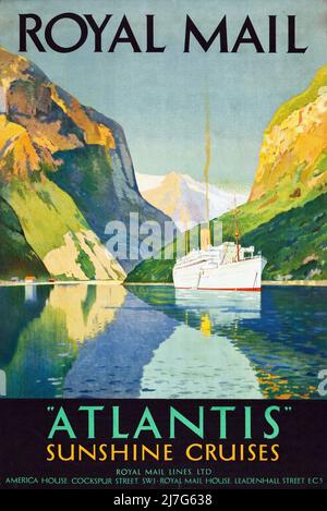 Vintage 1930s Travel Poster - Atlantis Sunshine Cruises. Reisestoster der Royal Mail Line (ca. 1935) Stockfoto