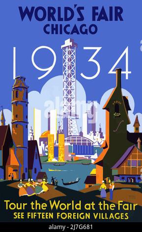 Vintage 1930s Travel Poster für die Chicago World's Fair 1934, das das Messegelände mit der Skyline von Chicago zeigt. Stockfoto