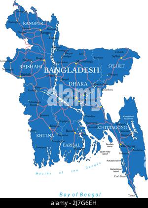 Hochdetaillierte Vektorkarte von Bangladesch mit Verwaltungsregionen, Hauptstädten und Straßen. Stock Vektor