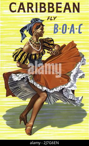 60s Vintage BOAC Airline Poster für 'Caribbean Fly BOAC' mit farbenfroher Tänzerin in typisch karibischem Festkleid Stockfoto