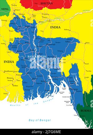 Bangladesch sehr detaillierte Vektorkarte mit Verwaltungsregionen, Hauptstädten und Straßen. Stock Vektor