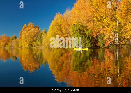 Kajak- und Herbstreflexionen in Kellands Pond, in der Nähe von Twizel, Mackenzie District, North Otago, South Island, Neuseeland (Modellversion) Stockfoto
