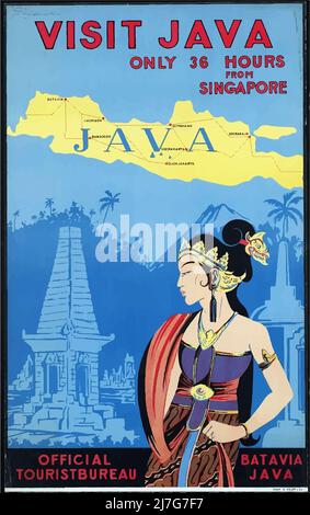 Vintage 1930s Travel Poster - Visit Java. Nur 36 Stunden von Singapur entfernt Stockfoto