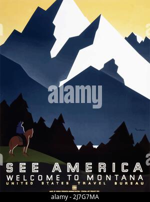 Vintage 1930s Travel Poster - SIEHE AMERICA POSTER, Welcome to MONTANA - United States Travel Bureau Poster zur Förderung des amerikanischen Tourismus Stockfoto