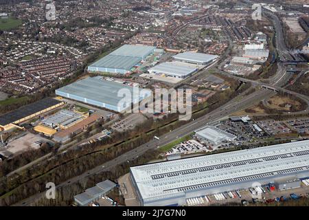 Luftaufnahme der Logistikunternehmen in der Campbell Road, in der Gegend von Oakhill in Stoke on Trent, Staffordshire Stockfoto