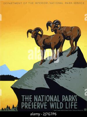 Die Nationalparks bewahren das wilde Leben. Plakat für Innenministerium, National Park Service, das Reisen in Nationalparks fördert. 1938 Stockfoto