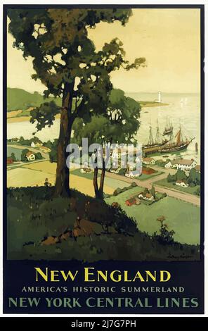 Vintage 1930s Rail Travel Poster - New England - Americas Historic Summerland - New York Central Lines Stockfoto