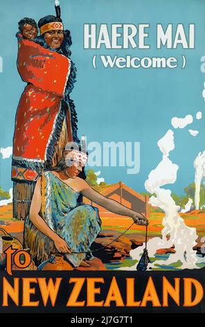 Vintage 1930s Reiseposter für Neuseeland mit den Worten Haere Mai (Willkommen) Stockfoto