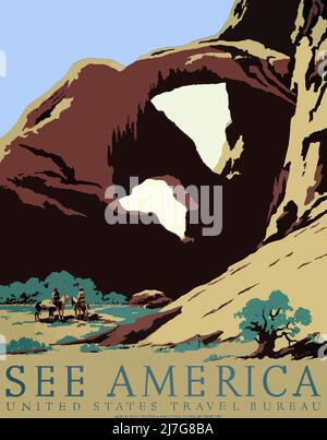 Vintage 1930s Travel Poster - SIEHE AMERICA POSTER, United States Travel Bureau Poster zur Förderung des amerikanischen Tourismus.Frank S. Nicholson,1937 Stockfoto