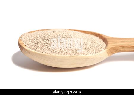 Aktive Trockenbackhefe-Granulat in Holzlöffel. Stockfoto