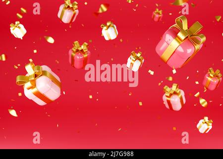 Rote, rosa und weiße Geschenkschachteln und goldene Konfetti fallen auf roten Hintergrund Stockfoto