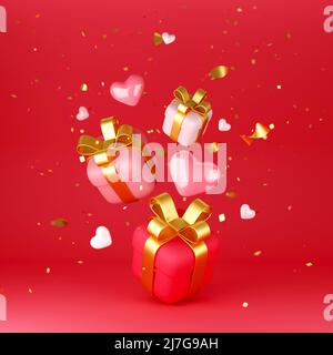 Rote, rosa und weiße Geschenkschachteln und Herzen fallen auf roten Hintergrund Stockfoto