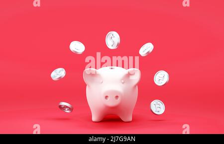 Sparschwein mit fallenden Dollarmünzen auf rotem Hintergrund Stockfoto