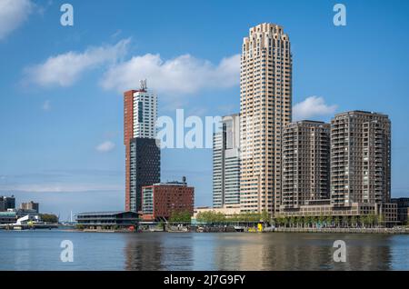 Blick auf den Rijhaven in Rotterdam mit Blick auf den Kop van Zuid ). Die vielen Gebäude sind ein prägendes Merkmal und ziehen viele Touristen an. Stockfoto