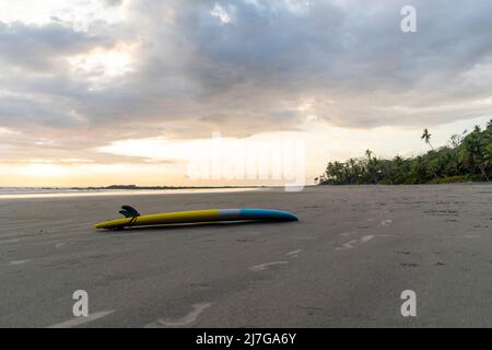 Isoliertes Surfbrett am Strand bei Sonnenuntergang. Surfbrett am leeren Strand Stockfoto