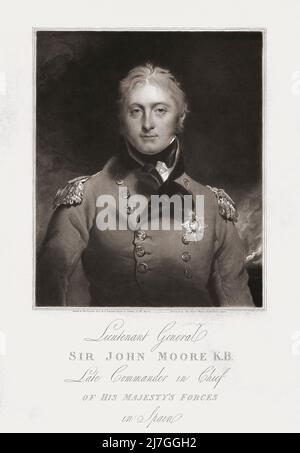 Generalleutnant Sir John Moore, 1761 - 1809. In Schottland geborener britischer Armeesoldat, der während des Peninsula-Krieges bei der Schlacht von Corunna getötet wurde. Gestochen von Charles Turner nach dem Gemälde von Sir Thomas Lawrence. Stockfoto