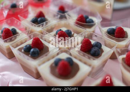 Eine Portion süßer Kuchen mit Himbeeren und Heidelbeeren zum Nachtisch Stockfoto