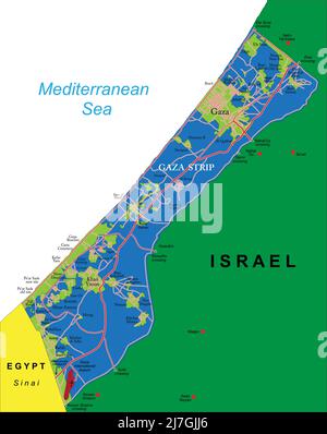 Sehr detaillierte Vektorkarte des Gazastreifens mit Verwaltungsregionen, Hauptstädten und Straßen. Stock Vektor