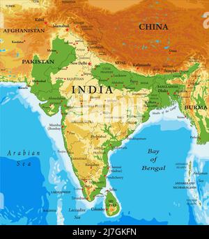 Sehr detaillierte physische Karte von Indien, im Vektorformat, mit allen Reliefformen, Regionen und großen Städten. Stock Vektor