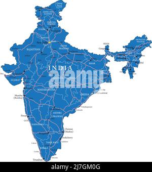 Indien sehr detaillierte Vektorkarte mit Verwaltungsregionen, Hauptstädten und Straßen. Stock Vektor