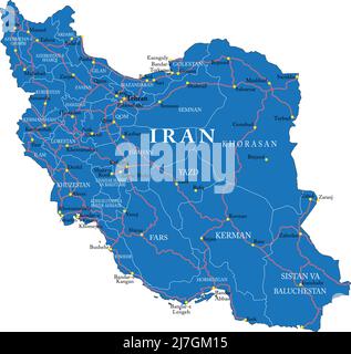 Iran sehr detaillierte Vektorkarte mit Verwaltungsregionen, Hauptstädten und Straßen. Stock Vektor