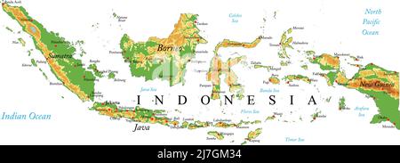 Sehr detaillierte physische Karte von Indonesien, im Vektorformat, mit allen Reliefformen, Regionen und großen Städten. Stock Vektor