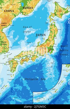 Sehr detaillierte physische Karte von Japan, im Vektorformat, mit allen Reliefformen, Regionen und großen Städten. Stock Vektor