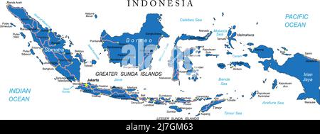 Hochdetaillierte Vektorkarte von Indonesien mit Verwaltungsregionen, Hauptstädten und Straßen. Stock Vektor