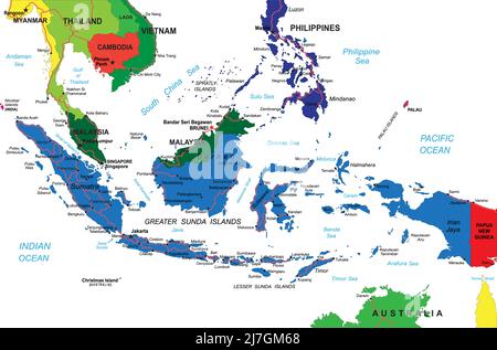 Indonesien - Detaillierte Vektorkarte mit Landesgrenzen, Kreisnamen, Hauptstraßen und einer detailreichen State Silhouette. Stock Vektor