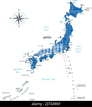 Hochdetaillierte Vektorkarte von Japan mit Verwaltungsregionen, Hauptstädten und Straßen. Stock Vektor