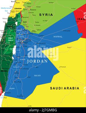 Hochdetaillierte Vektorkarte von Jordanien mit Verwaltungsregionen, Hauptstädten und Straßen. Stock Vektor