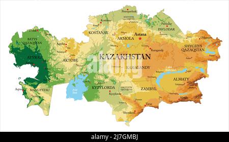 Hochdetaillierte physische Karte von Kasachstan, im Vektorformat, mit allen Reliefformen und großen Städten Stock Vektor