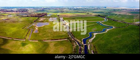 Luftpanorama des Lydden Valley mit Blick auf Sandwich Bay, Kent Stockfoto