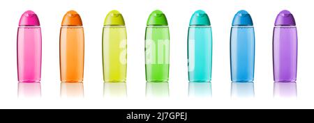 Duschgel mehrfarbig in einer transparenten Flaschen isoliert auf weißem Hintergrund gesetzt. Bunte Shampoo-Behälter Ausschnitt. Kosmetikröhrchen für die Körperpflege. Stockfoto