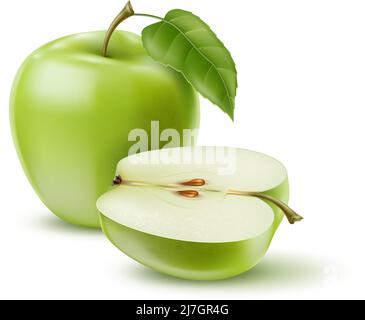 Grüner Apfel. Realistische ganze oder halbe Frucht mit Blatt. Gesunde Ernährung. Naturprodukt. Diät-Snack. Reife Pflanzenmahlzeit. Bio-Ernte. Vitaminernährung Stock Vektor