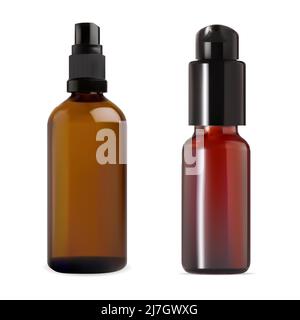 Braune Serum-Sprühflasche. Amber Glas ätherisches Öl Tropf, isolierte Schablone Konzept für Markenwerbung Präsentation. Realistisches Aerosolfläschchen, pro Stock Vektor