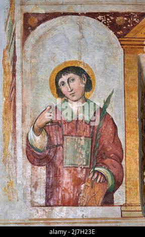 San Lorenzo - affresco - Paolo da Cailina il giovane - 1520 - Olfino (Mn) ,Italia,chiesa della SS. Trinità Stockfoto