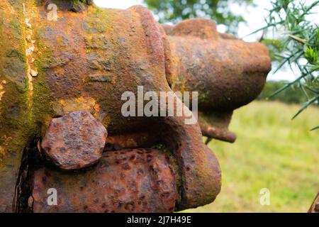 Detail eines rostigen und ausrangierten Landmaschinenstückes, das auf einem Feld mit Unkraut liegt Stockfoto