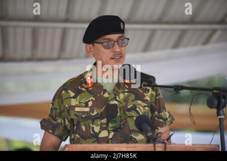 Belize City, Belize. 07. Mai 2022. Der Kommandant der Belize Defence Force, Brigadier General Asariel Loria, spricht zu den Mitgliedsländern, die an der gemeinsamen militärischen Übung Tradewinds Eröffnungszeremonie am 7. Mai 2022 in Belize City, Belize, teilnehmen. Kredit: PO3 Ryan Noe/U.S. Coast Guard/Alamy Live News Stockfoto