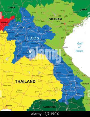 Hochdetaillierte Vektorkarte von Laos mit Verwaltungsregionen, Hauptstädten und Straßen. Stock Vektor