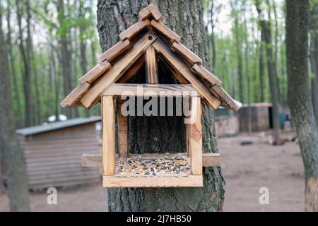 Ein hölzernes Vogelhaus in der Form eines Hauses mit einem Dach hängt an einem Baum mit Samen im Inneren. Vogelfutterhäuschen im Park, kümmert sich um die Vögel Stockfoto