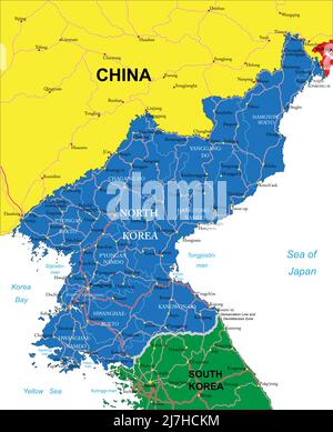 Hochdetaillierte Vektorkarte von Nordkorea mit Verwaltungsregionen, Hauptstädten und Straßen. Stock Vektor