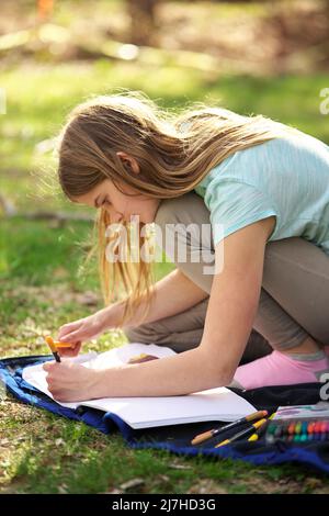 Ein junges Mädchen schreibt oder färbt sich in einem Notizbuch oder Tagebuch auf einer Decke auf dem Gras Stockfoto